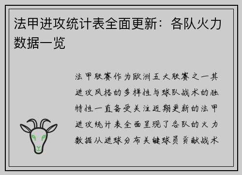 法甲进攻统计表全面更新:各队火力数据一览